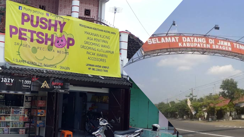 Tampak depan toko Pushy Petshop Sragen yang berlokasi di Jalan Slamet Riyadi No.135, Sragen Tengah, pusat kebutuhan hewan peliharaan terlengkap.